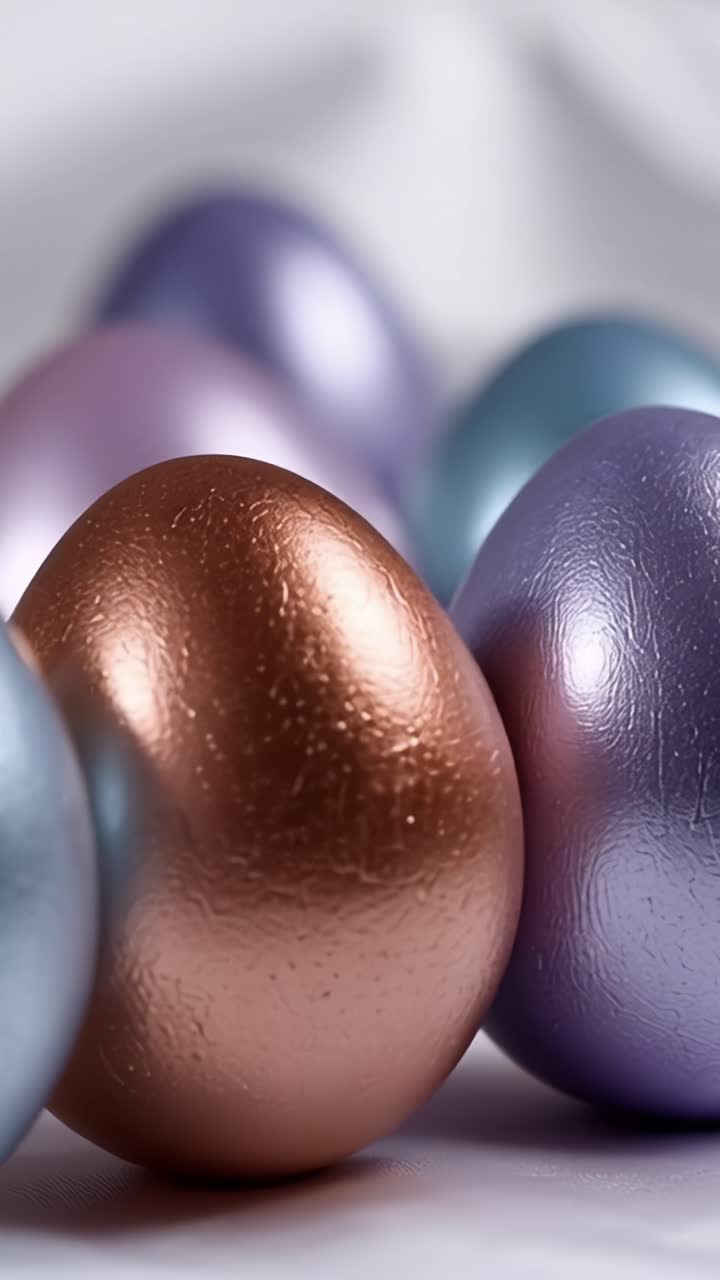 Farbenprächtige, schimmernde Ostereier, anmutig präsentiert, mit lebhaften Farbtönen und leuchtenden Oberflächen, die die Freude an Frühlingsfesten und saisonaler Dekoration widerspiegeln.
