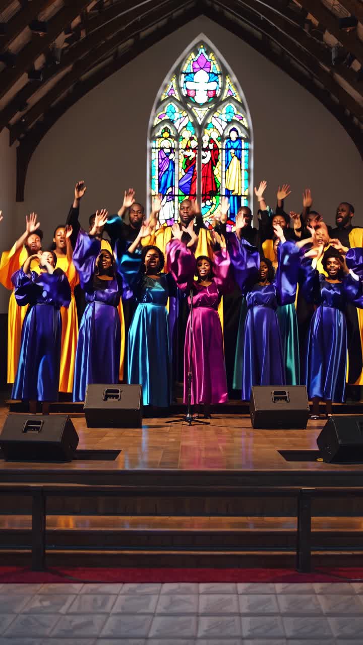 Ein lebhafter Chor in bunten Gewändern singt freudig in einer Kirche. Das Video wurde aus einem niedrigen Winkel aufgenommen.