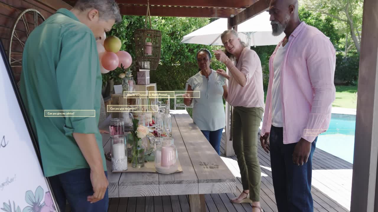 Woman in pink blouse leaning forward, placing jars and candles, others coordinating for celebration