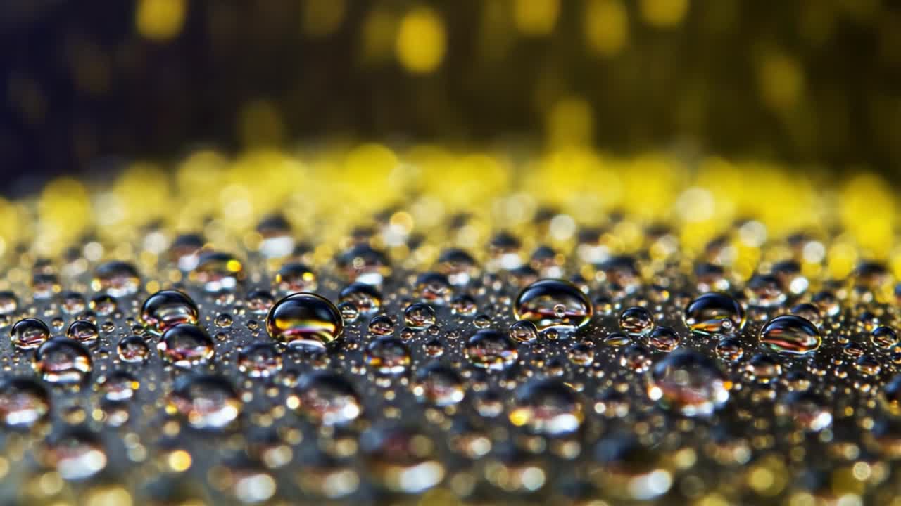 Primo piano accattivante di goccioline d'acqua su una superficie, che evidenzia gli intriganti motivi e i riflessi creati dalla luce con la texture della superficie dell'acqua