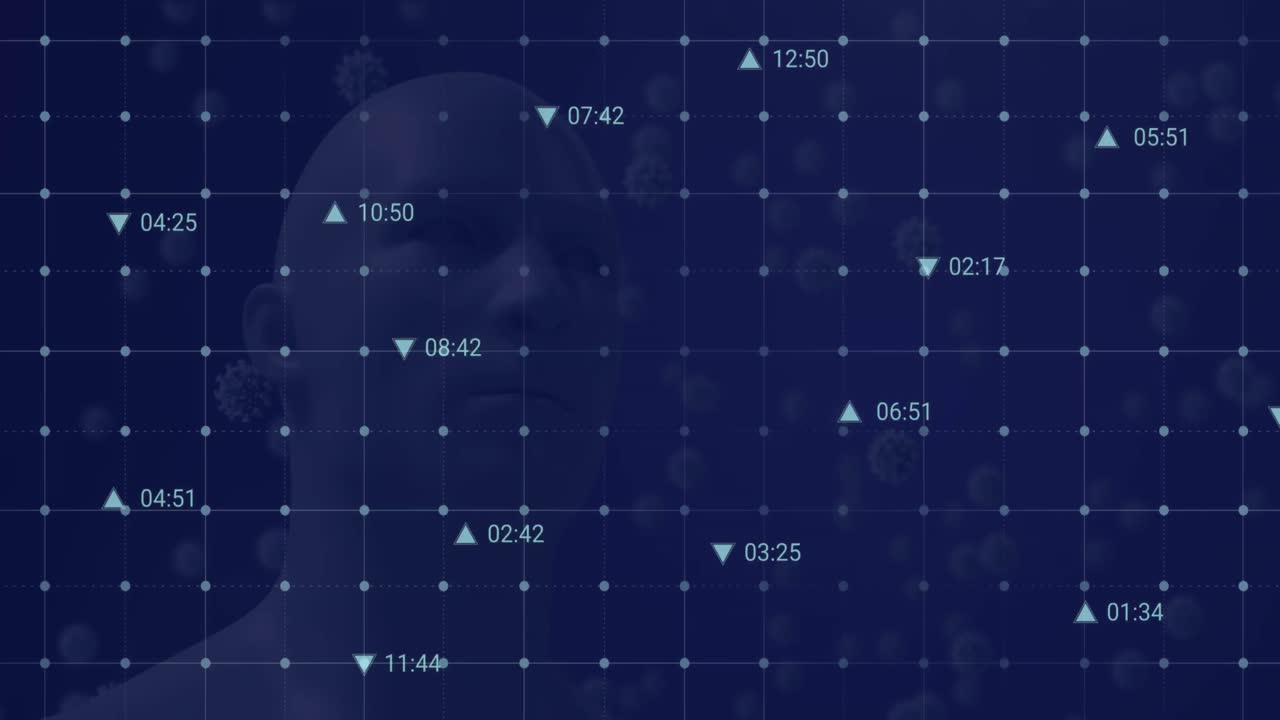 Animation of digital icons over dna structure and covid-19 cells floating against human head model
