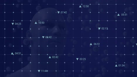 animation of digital icons over dna structure and covid-19 cells floating against human head model