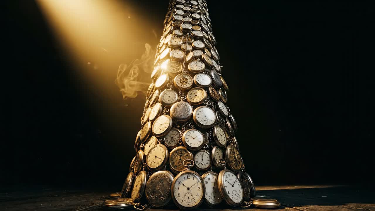 Orologi da tasca vintage impilati a forma di cono sotto un riflettore