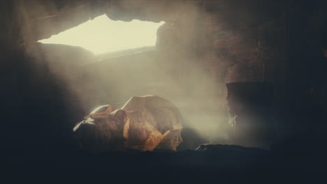 a head of the giant ancient deity statue hidden in a cave