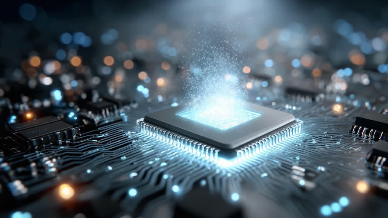 Exploring the Glowing Core of a Microchip: A Visual Journey Through Technology and Innovation on a Circuit Board with Dynamic Light Effects