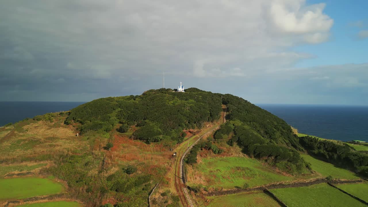 Aerial view from drone of Terceira Island - Green fields at Miradouro Altares