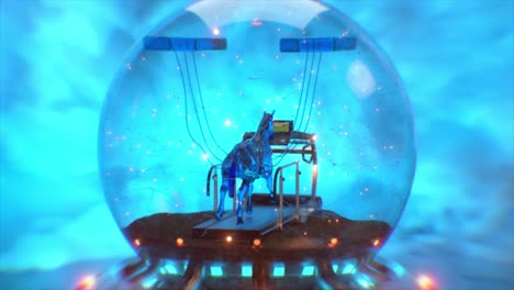 horse on a treadmill inside a futuristic snow globe