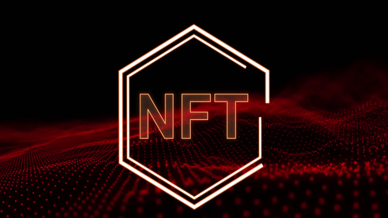 animazione di nft in esagono su sfondo nero con glitter rosso
