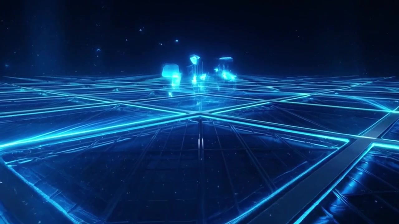 Abstract Digital Grid with Glowing Blue Light Lines and Floating Geometric Shapes