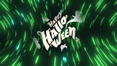 happy halloween text animation with ghosts over green light streaks background