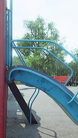 a playground with a blue slide and red climbing structure