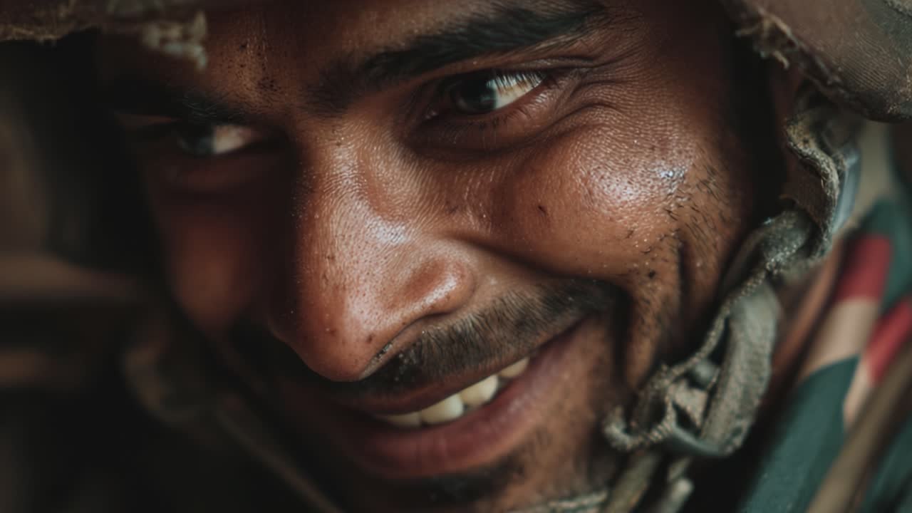 A Close-Up Focus on a Soldier's Joyful Expression, Capturing the Essence of Resilience and Brotherhood Amidst Challenges in a Difficult Environment