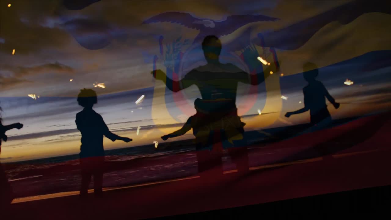 해변에 있는 다양한 친구들의 그룹 위에 멕시코 발을 흔들고 있는 애니메이션