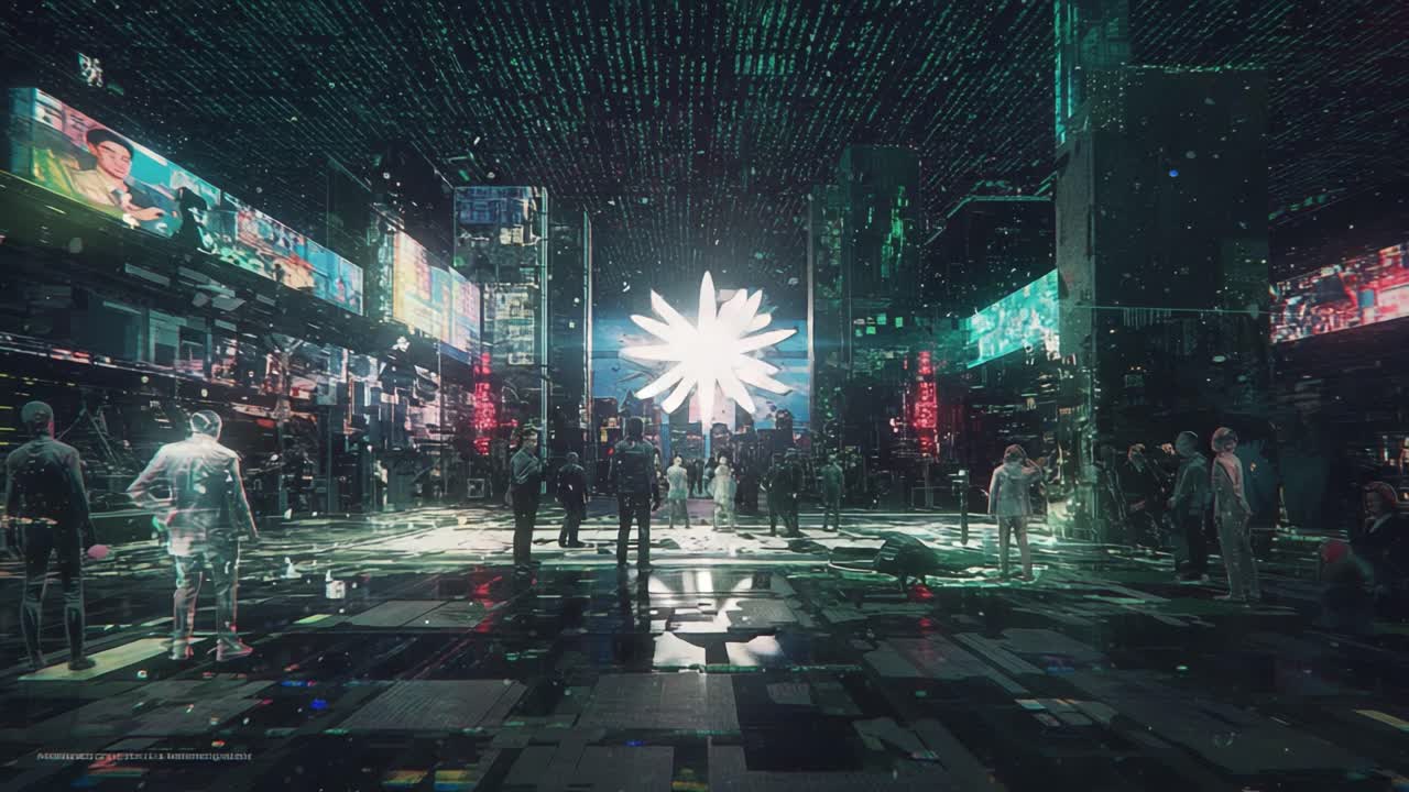 A Futuristic Gathering in a Digital Metropolis: Exploring Themes of Connectivity, Technology, and Virtual Reality Amidst a Dazzling Light Show