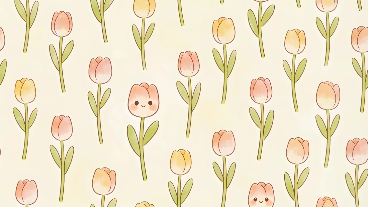 Bobbing center smiling tulip swaying on cream textile, looping with peach pink yellow petals
