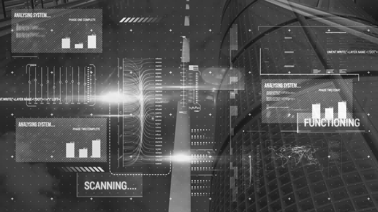 Animation of data processing over cityscape