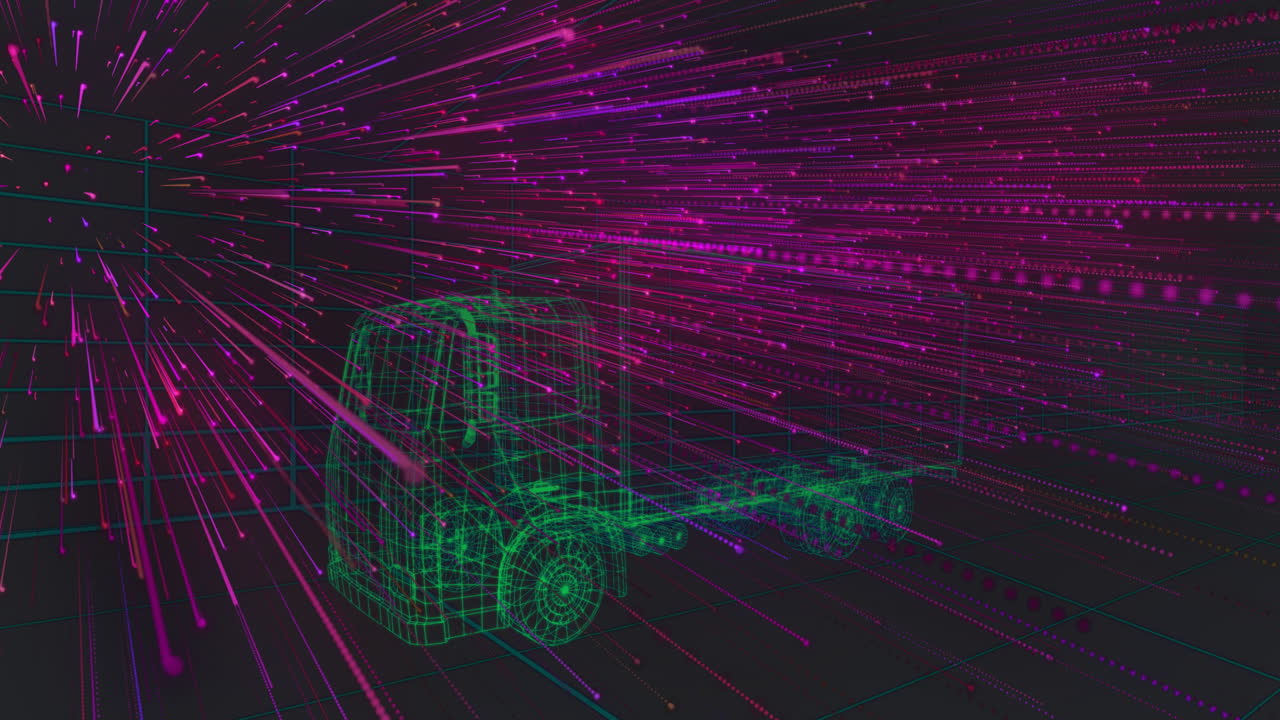Animation of green wireframe truck with pink digital lines in dynamic motion