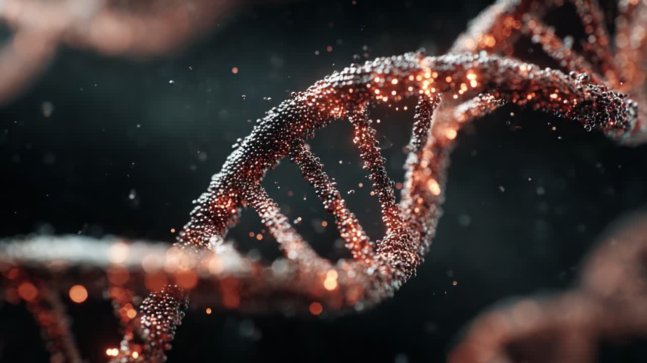 A Stunning Visualization of DNA: Exploring the Intricate Double Helix Structure with Mesmerizing Textures and Glimmering Particles in a Captivating Animation