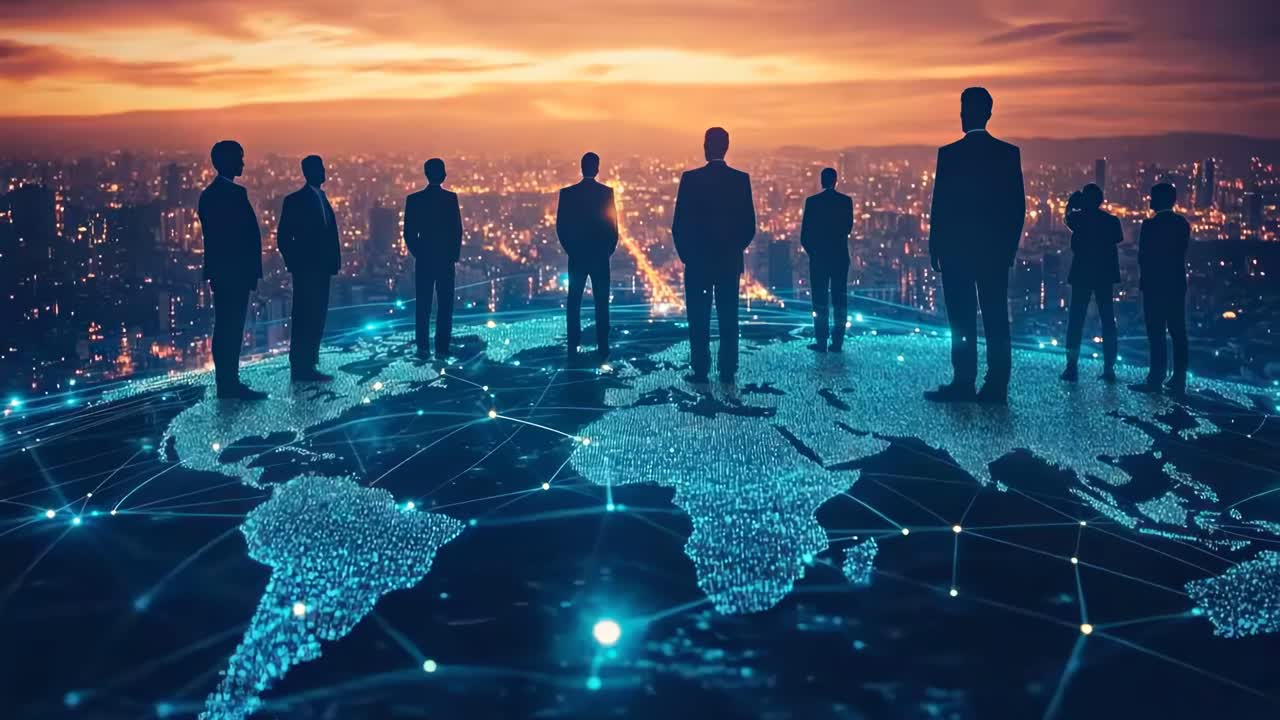 Silhouetted business figures stand on a digital world map, viewed from a low angle