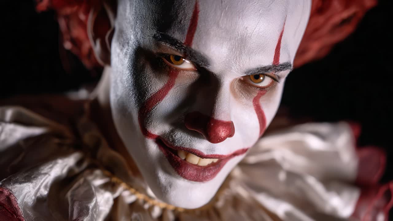 Captivating Portrait of a Sinister Clown Character with Intense Expressions and Eerie Make-up, Highlighting the Intrigue of Horror Aesthetics and Performance Art