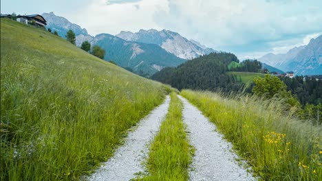 cloudy day hike trail time lapse from a small european mountain village in dolomites, italy