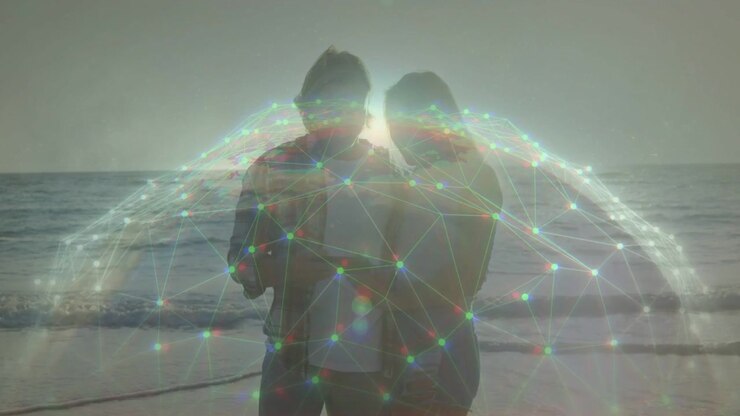 Man tapping smartphone and woman leaning on shoulder at beach, activating tech dome pulsing network