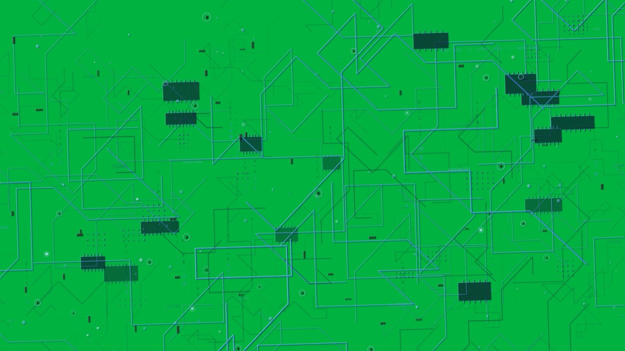Piccoli punti che generano un HUD neon in crescita, collegando chip, che rappresentano dati su sfondo trasparente