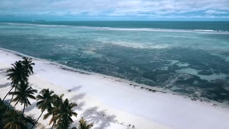 1 millón de dólares vuelo aéreo volar hacia adelante drone disparó sobre palmeras de un paraíso castawy perdido vacío playa de ensueño de arena blanca en zanzíbar, áfrica 2019