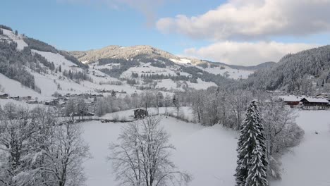 Aerial-shot-of-a-snow-covered-mountain-town