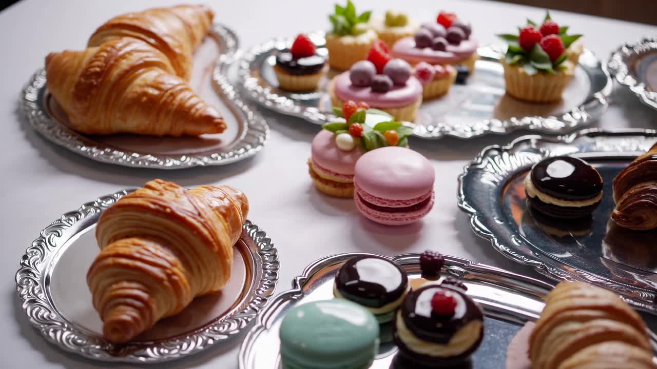 Top-down video shot of assorted pastries on silver trays