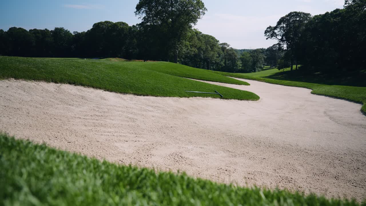 Ampia vista di un bunker su un campo da golf con alberi sullo sfondo e un rastrello appoggiato sul bordo dell'erba.