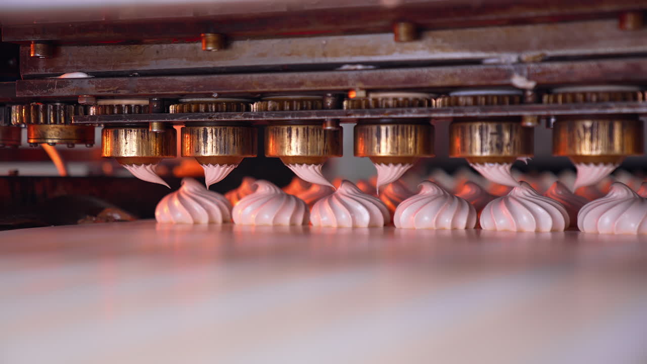 Food sweety conveyor line. Industrial tasty marshmallow conveyor.