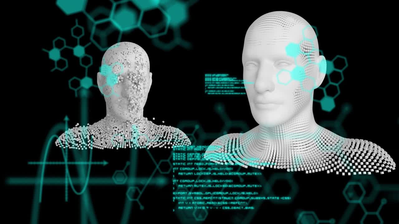 Animazione di elaborazione dati diversificata su modelli umani su sfondo digitale nero