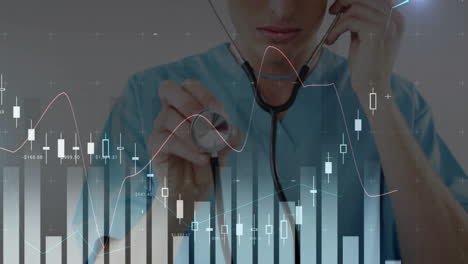 using stethoscope, doctor examining financial data analysis animation on screen