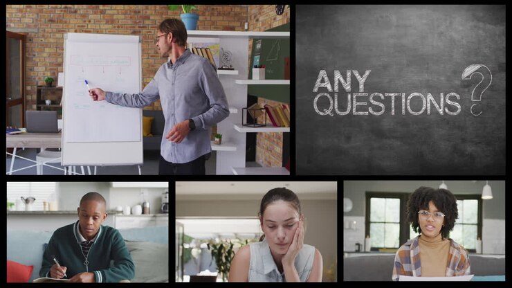 Screens with online call of diverse male teacher, students and any questions text