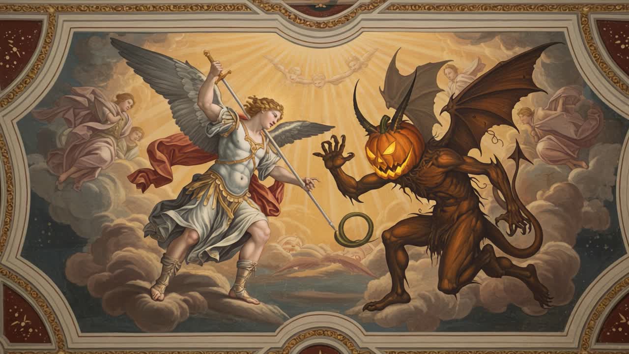 An Epic Confrontation Between a Celestial Guardian and a Sinister Fiend, Featuring a Winged Angel and a Pumpkin-Headed Demon in a Dramatic Heavenly Landscape