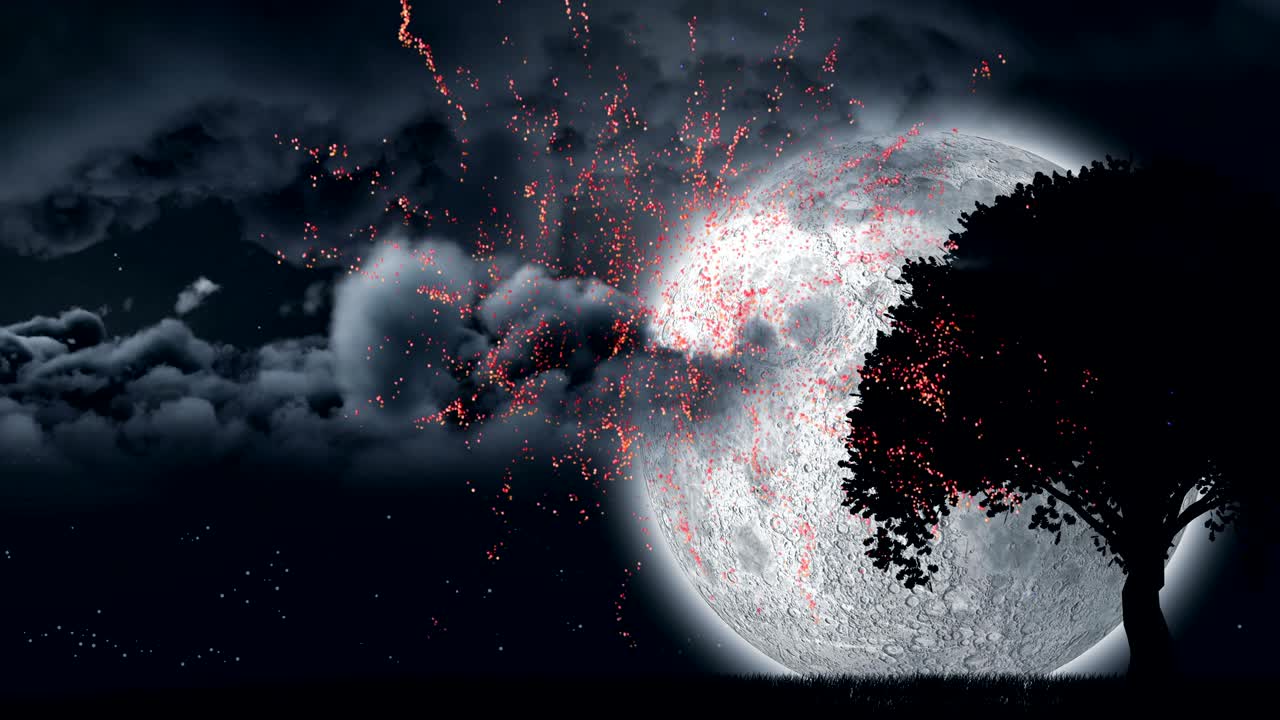 불꽃놀이와 구름과 달과 함께 나무의 실루 ⁇