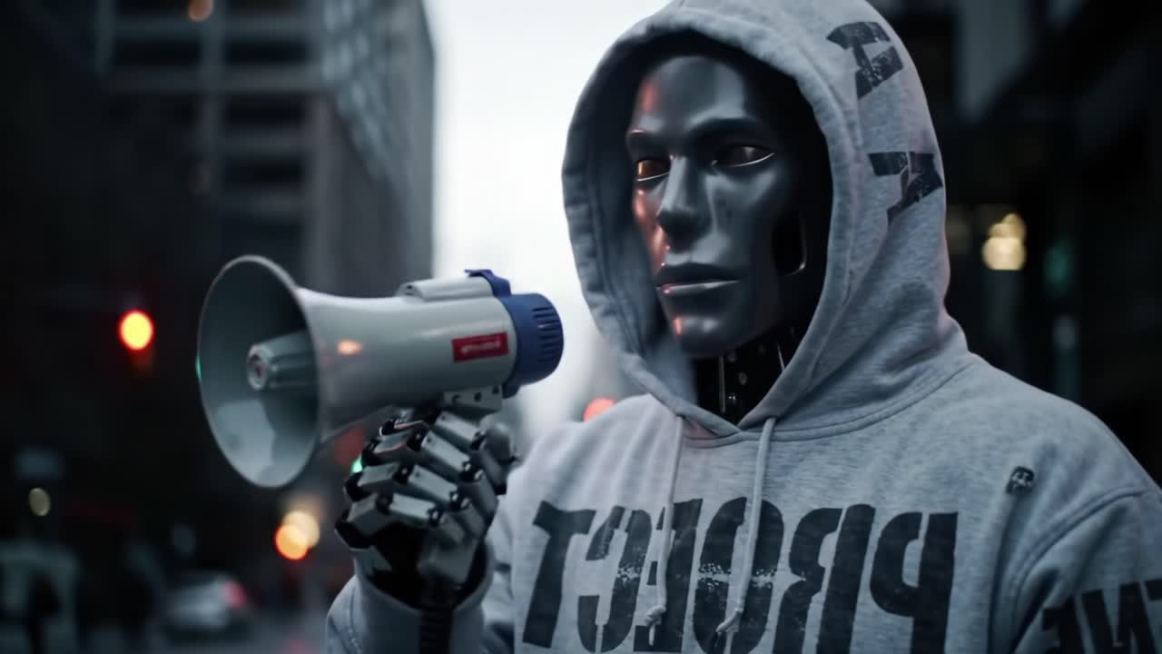 A humanoid robot wearing a hoodie expertly uses a megaphone to deliver a powerful message on a city street, showcasing technology and expression in modern urban life