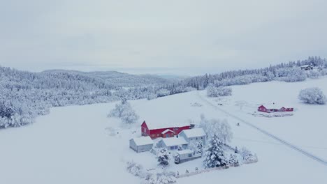 aerial view over snow covered cabins in the countryside of norway during winter - drone shot