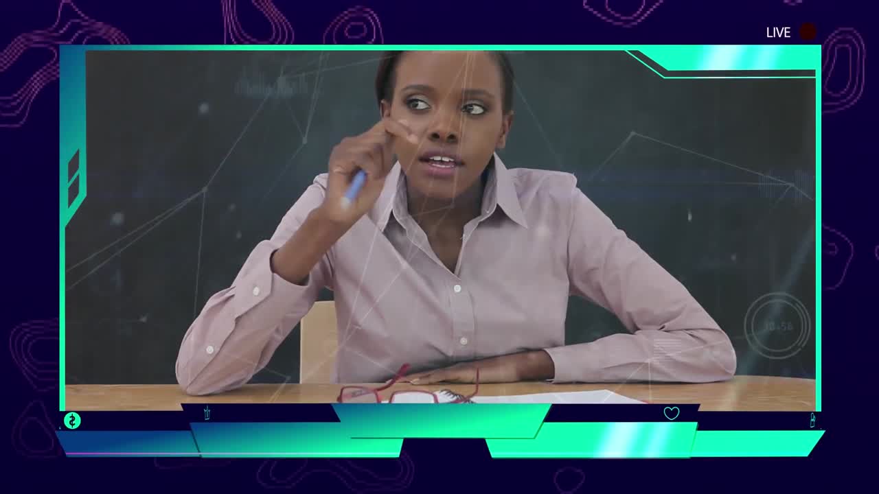 Animation of a teacher teaching an online lesson, over data processing in the background
