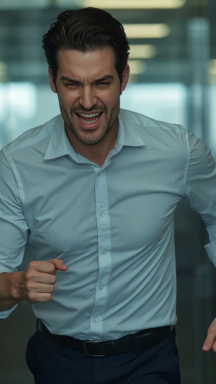 Vertical video: Running forward, adult man in blue shirt pumping fists, cheering in glass corridor