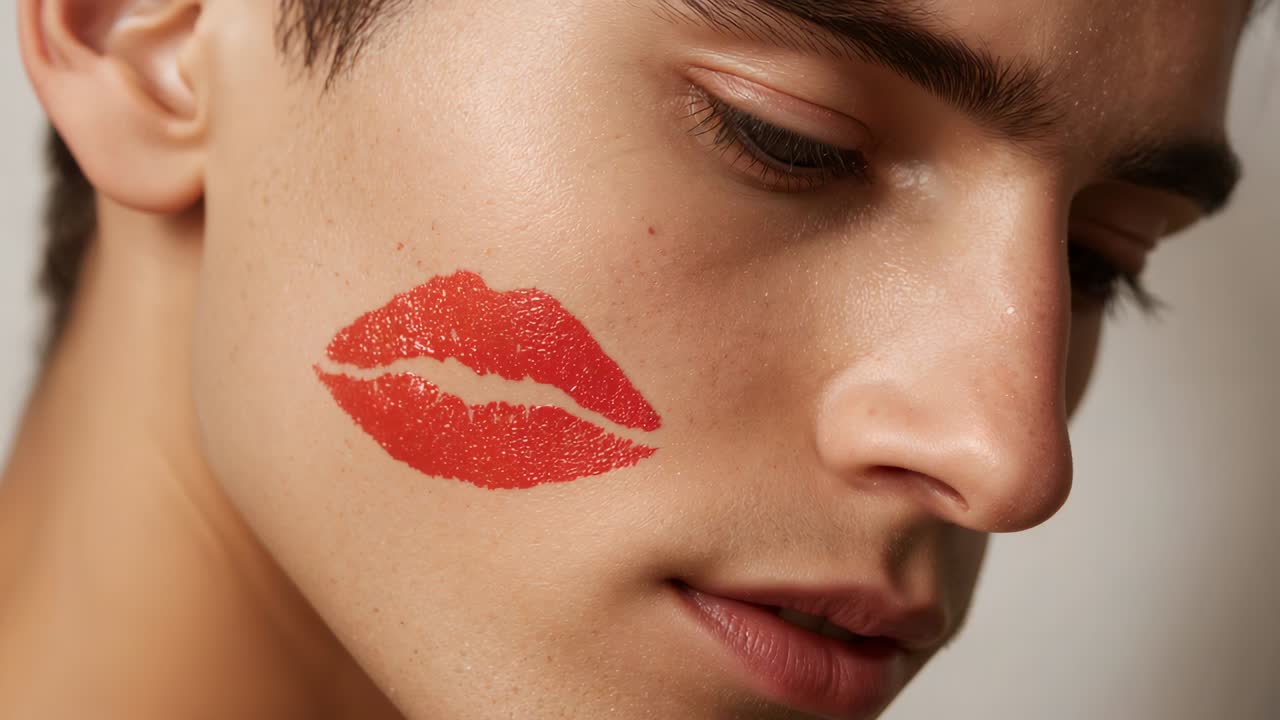 Modello di registrazione che inclina la testa in basso a destra in studio con un segno di bacio rosso sulla guancia sinistra e spalle scoperte