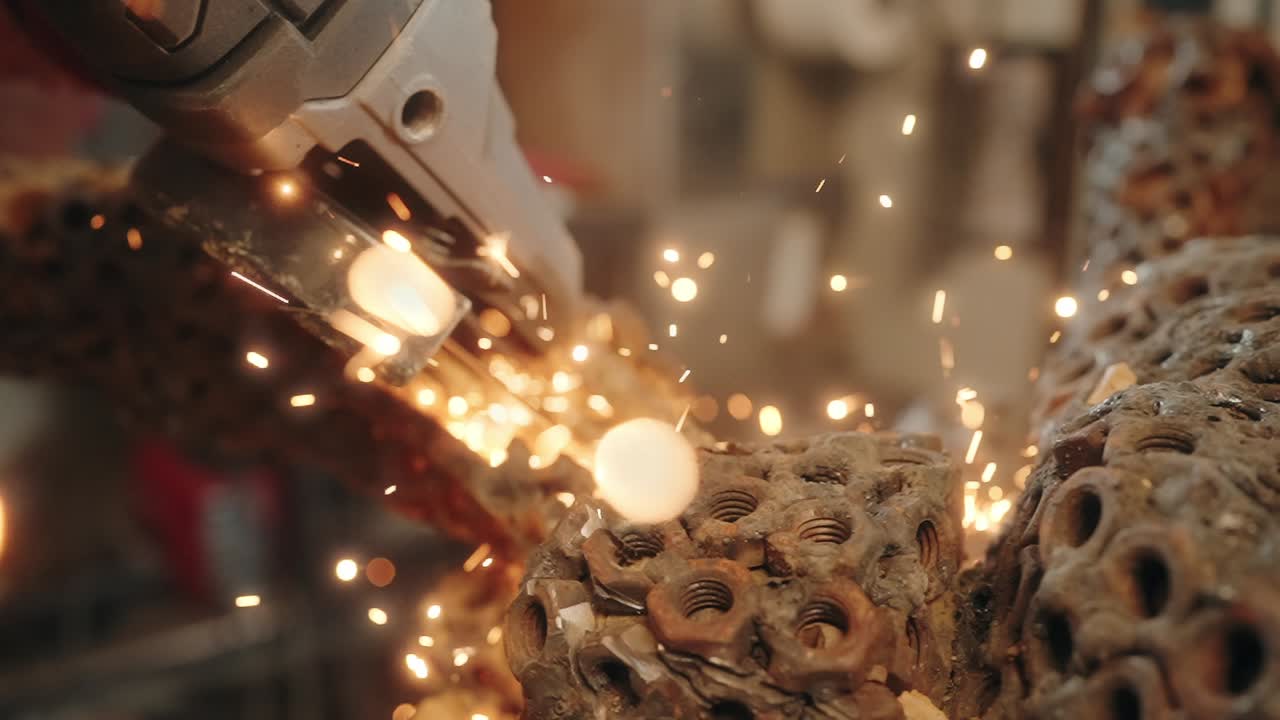 slow motion Dynamic industrial metal cutting with vibrant sparks flying