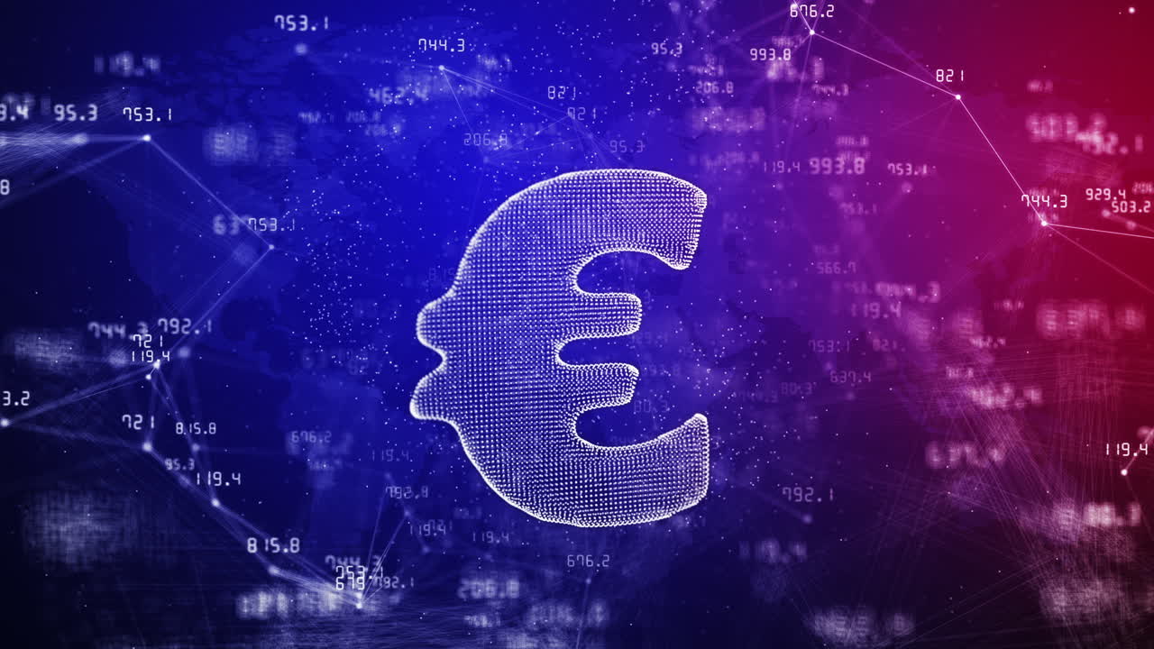 Euro currency sign on blue and red background with changing financial indicators. Lines and dots with moving numbers. Abstract looped animation.
