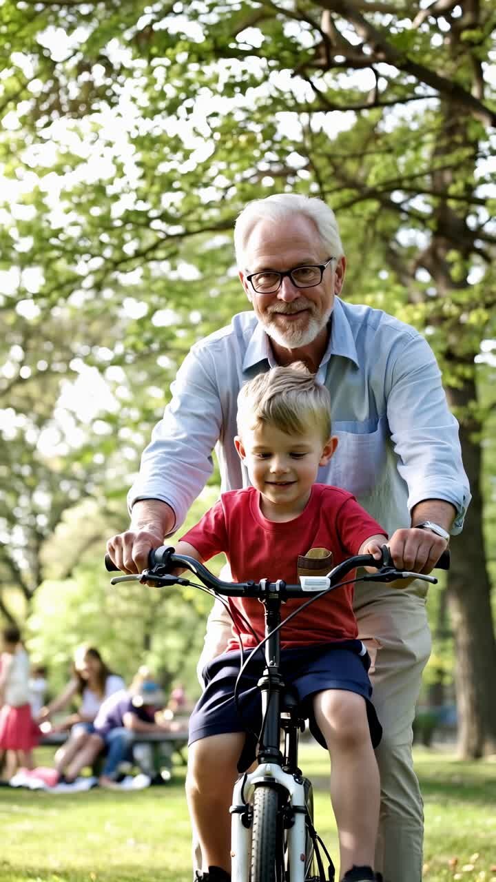 Grandfather teaching his grandson how to ride a bike.