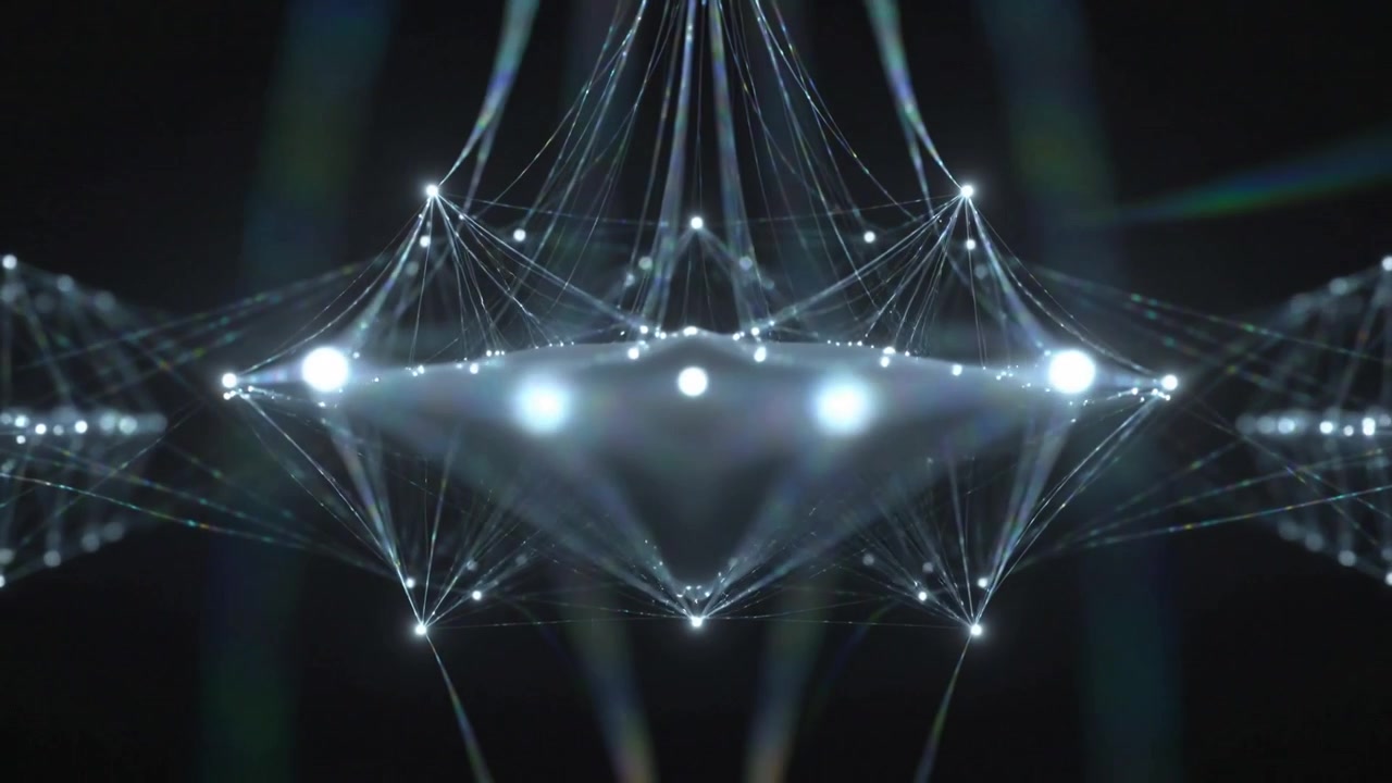 Rising center peak sparking bright mesh growing in dark void, filaments joining nodes into diamond