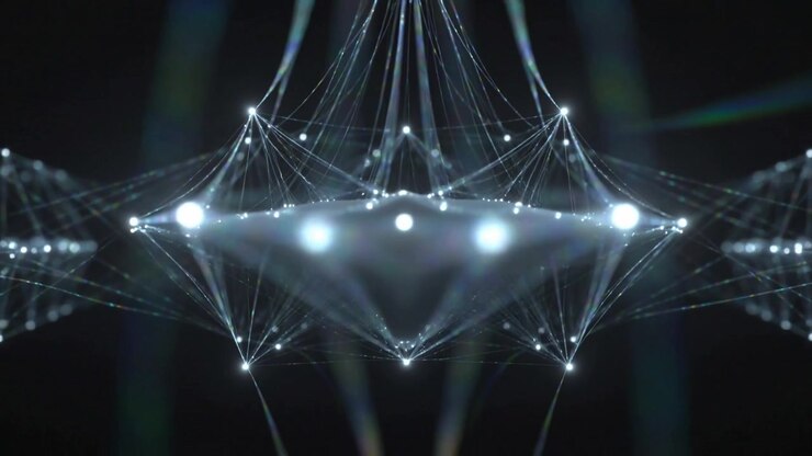 Rising center peak sparking bright mesh growing in dark void, filaments joining nodes into diamond
