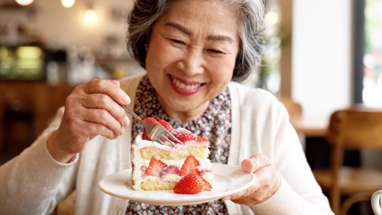 楽しいひととき：居心地の良いカフェでいちごのショートケーキを楽しむ高齢の女性。甘い贅沢と喜びの食事を祝う。