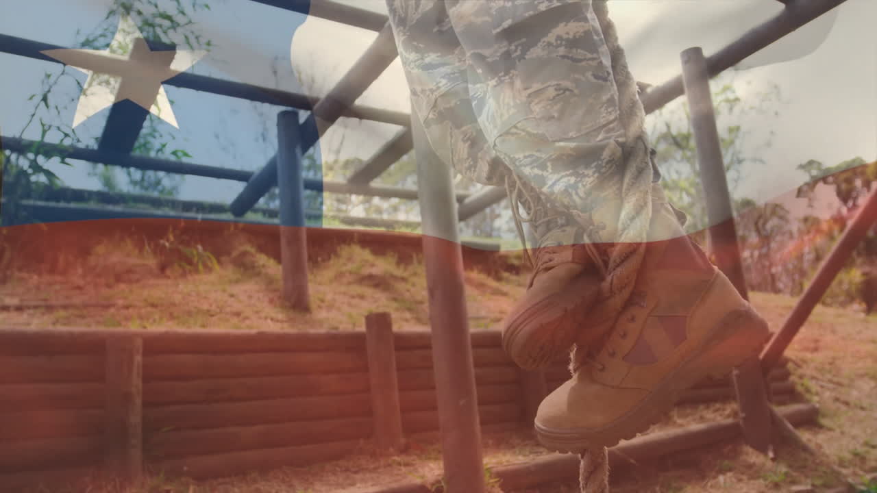 Climbing rope in outdoor training course, military boots near flag animation