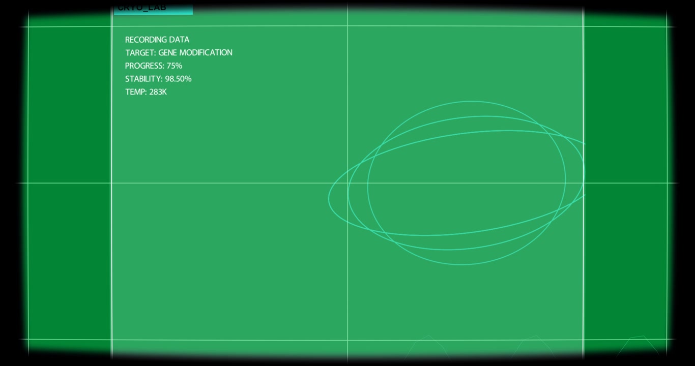 HUD fading drawing cyan loops from corner forming nested loops monitoring gene mod 75% transparent